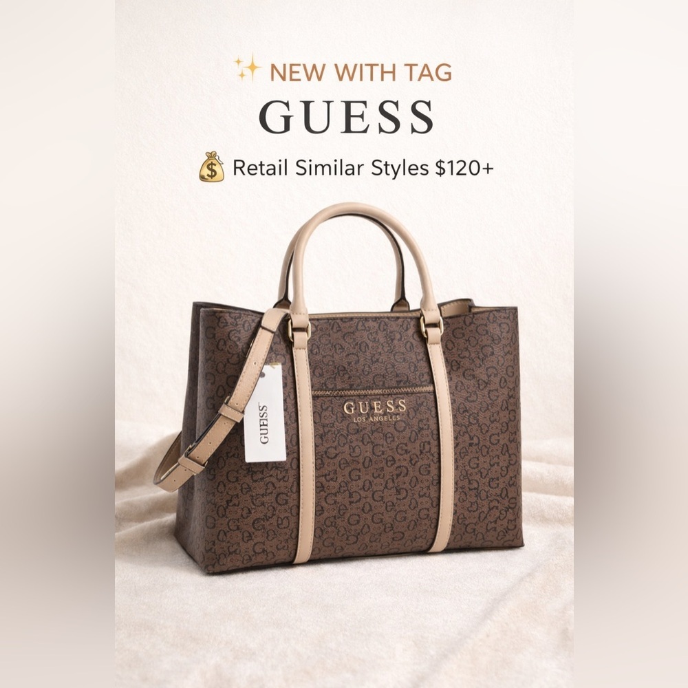 Guess Brown Monogram Tote Bag Crossbody NWT